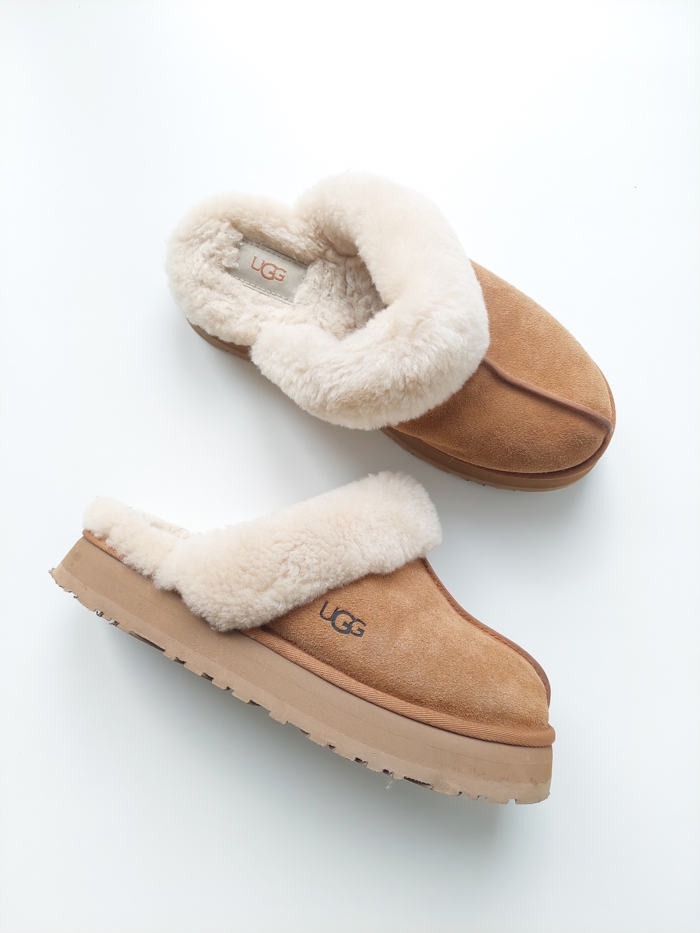 UGG Women's US 10 Disquette Slipper Shoes Mule Chestnut Suede Platform Warm